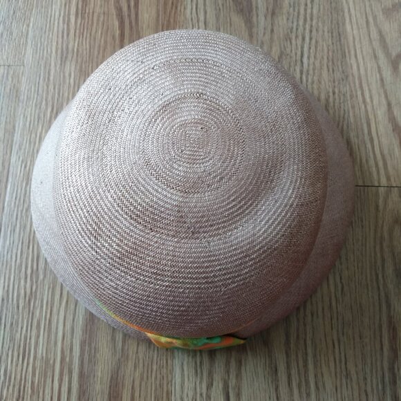 Vintage Taupe Straw Hat Tropical Orange Green Sash Sunhat Front Brim Rockabilly - Picture 4 of 12